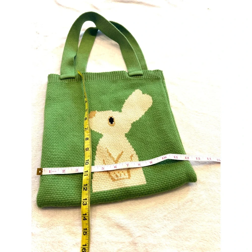 Green Knit Bunny Tote Bag Intarsia Rabbit Reusable Shopper Shoulder Bag
